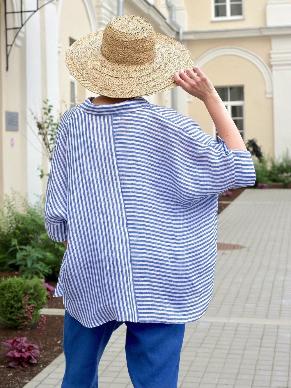 Magic Linen L/XL Cobalt Blue Oversized Striped Linen Shirt - Picture 11 of 11
